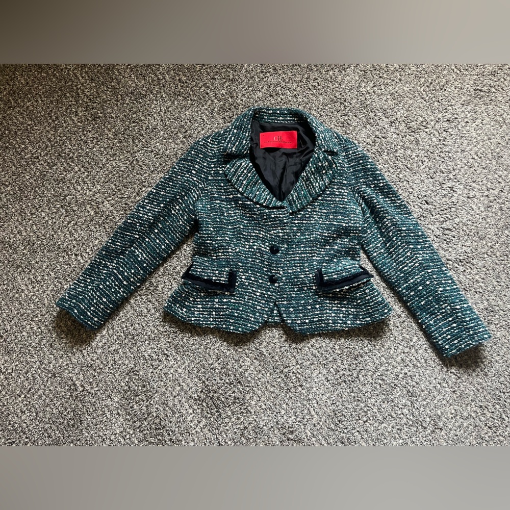 Carolina Herrera Teal and Black Tweed Blazer